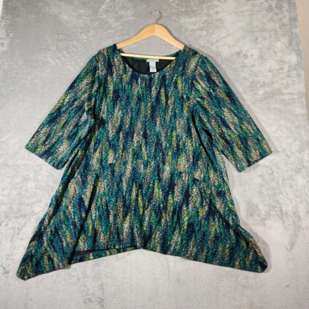 Catherines Shirt Womens 0X Green Blue Gold Tunic‎ Grandmacore 3/4 Sleeve Blouse